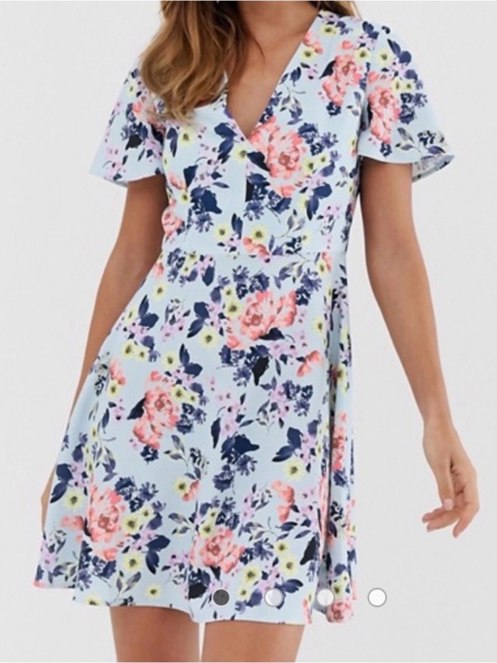 French Connection Armoise light blue floral print crepe flippy mini dress, 8